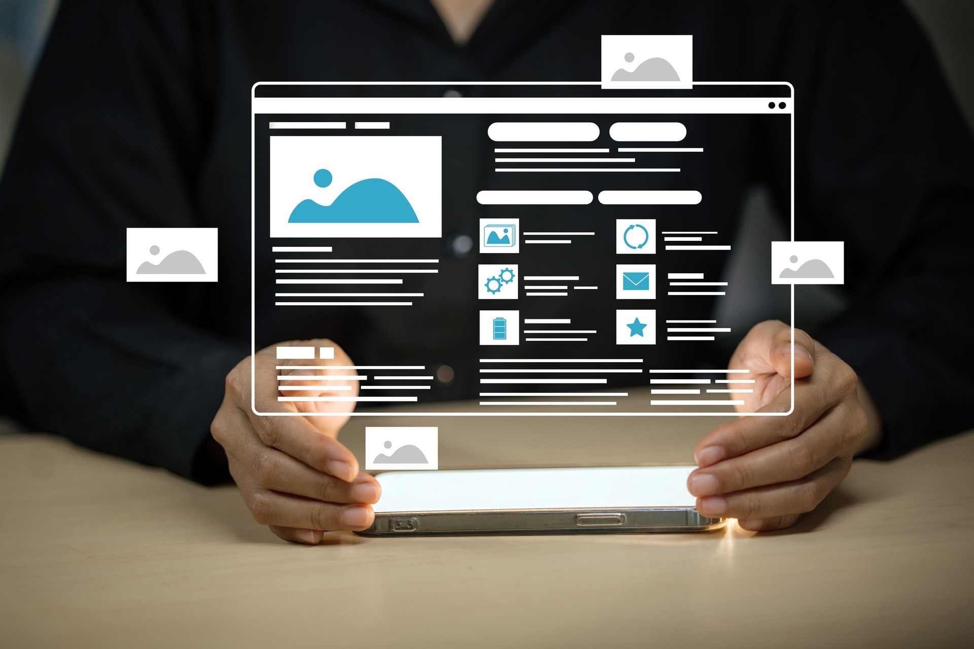A person holds a smartphone displaying a futuristic website interface