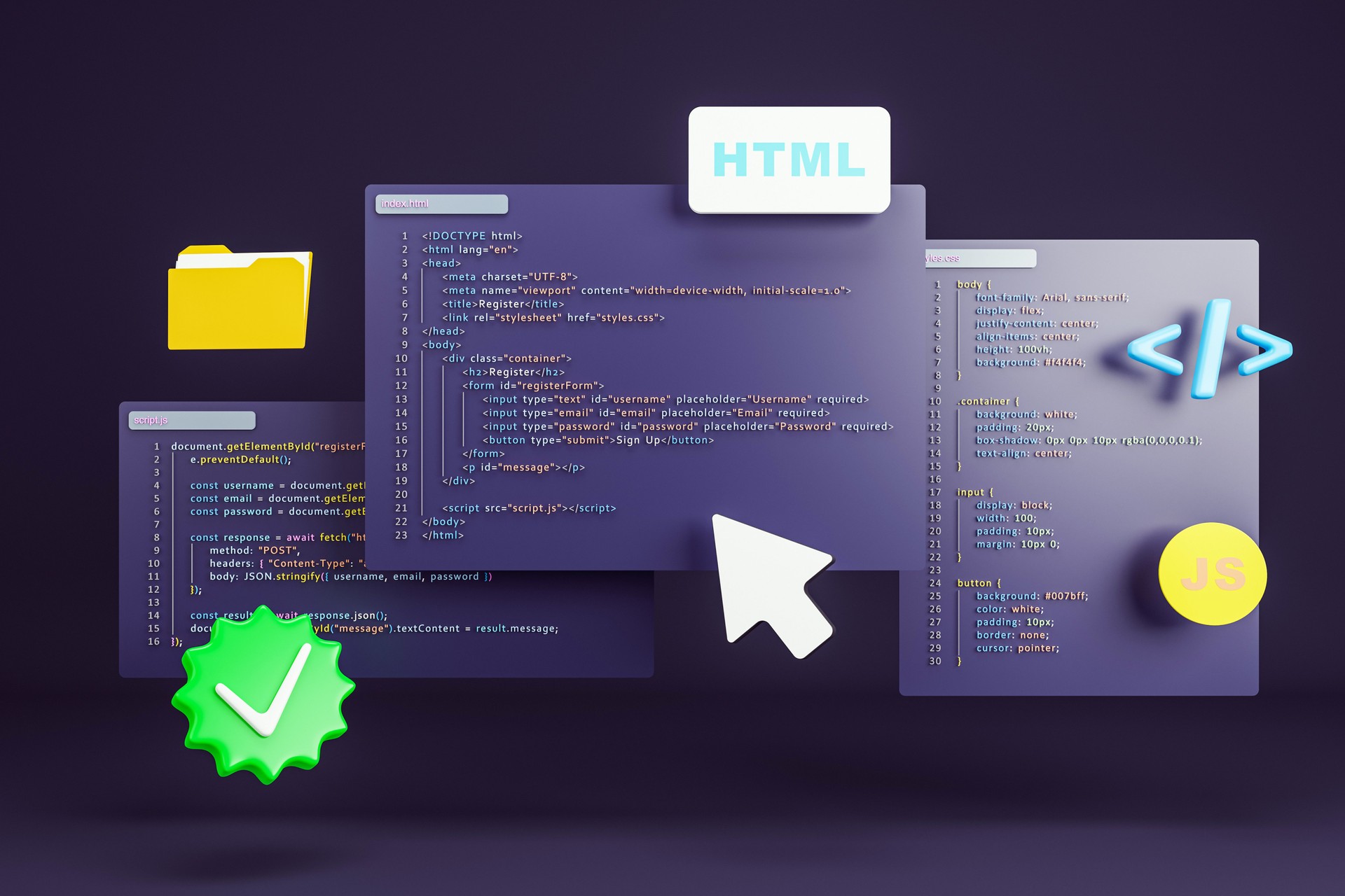 Creative 3D rendering of HTML, CSS, and JavaScript code snippets with modern icons on a dark background representing web development concepts. 3D Rendering
